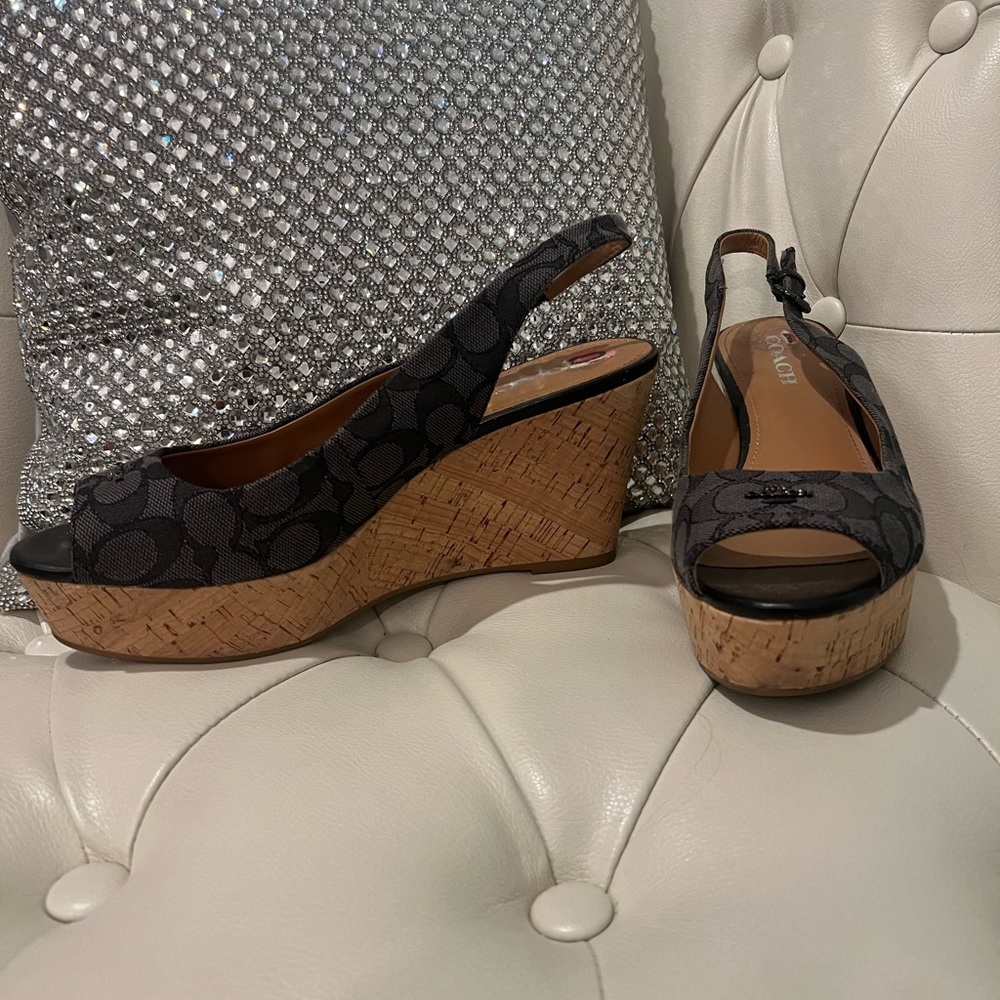 Coach grey black signature ferry peep toe slingback wedge 10 B worn 1x p…